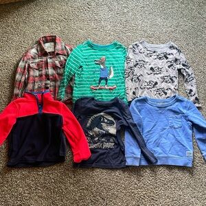 Six item clothing lot. For boys long sleeve T-shirts, button up, sweatshirts.